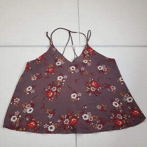 Wet Seal Strappy Top Blouse Floral Mauve Taupe V-Neck Women's Size L